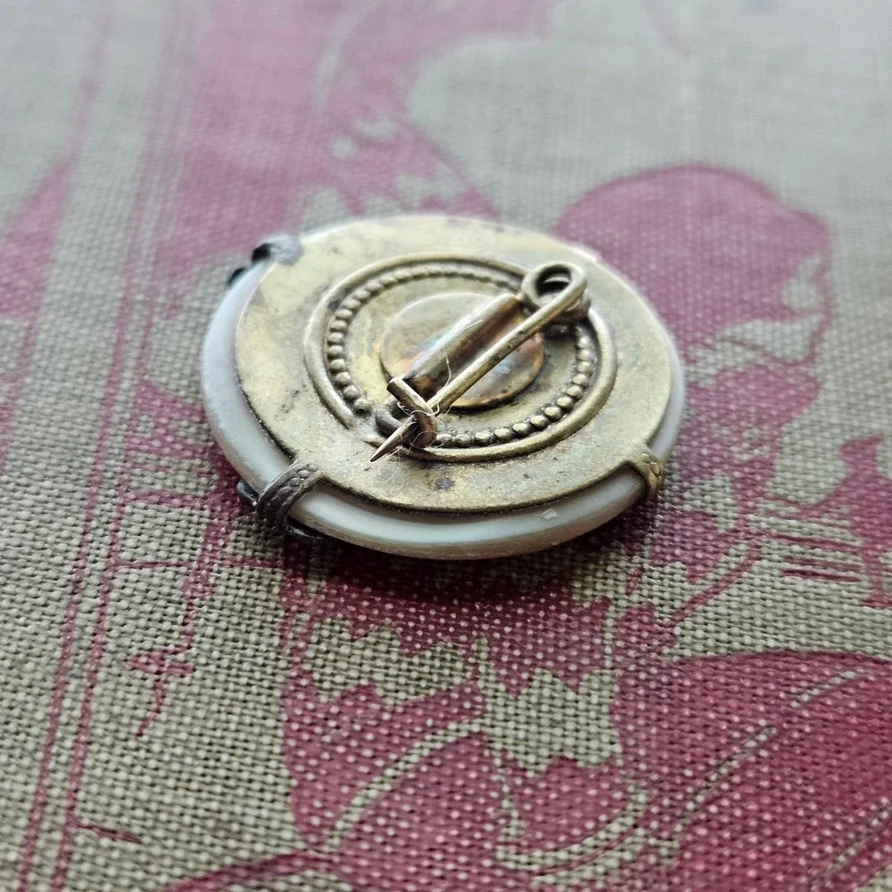 Antique Victorian Mother of Pearl Fleur De Lis Brooch Brass Circle Round Pin